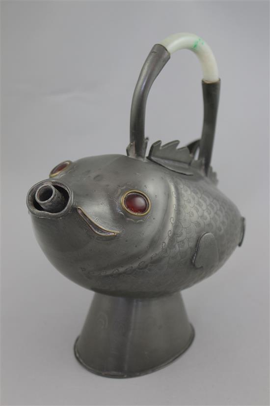 A Chinese pewter and hardstone mounted fish water pot, late 19th / early 20th century, height 22cm